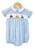 Smocked Tractor Bubble for Boys by Ruth and Ralph, blue striped seersucker with peter pan collar and tractor embroidery, on hanger