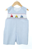 Smocked Tractor Jon Jon by Ruth and Ralph, blue striped seersucker with hand-smocked tractor embroidery, on hanger