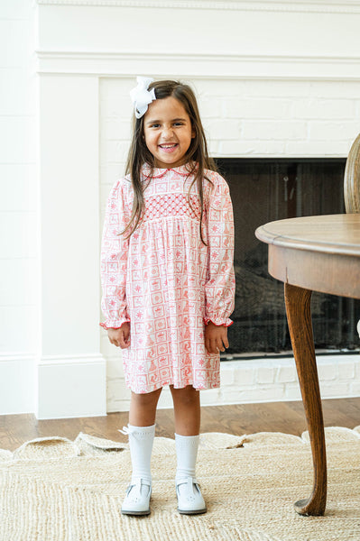 Christmas Tiles Smocked Pima Cotton Libby Dress