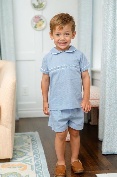Blue Gingham Smocked Samuel Shirt/Shorts Set