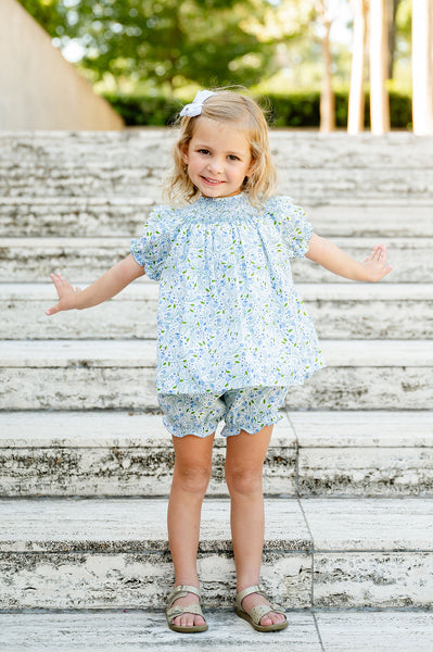 Blue Florals Smocked Annabelle Bloomer Set