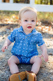 A little boy wearing the Blue Bandana Print Pima Harold Romper is ready for family gatherings, playdates, or casual outings.