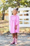 A little girl wearing the Pink Bandana Print Pima Libby Dress is ready for family gatherings, photos, or casual outings in this adorable outfit.