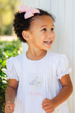 A little girl will feel like a princess in this elegant white dress with stork embroidery and "Big Sister" lettering.