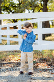 This blue bandana button up shirt combines comfort, style, and a fun print, making it a must-have for any little one’s wardrobe.