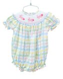 The Smocked Easter Bunnies Birdie Bubble features hand-smocked pink bunnies with cotton tails on soft pastel plaid fabric, creating a sweet, heirloom-quality look.