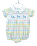 The bubble features hand-smocked blue bunnies with cotton tails on a pastel plaid fabric, adding a playful touch to his outfit.