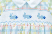 The Smocked Easter Bunnies Bubble is available in sizes NB to 3T, making it ideal for your little one.