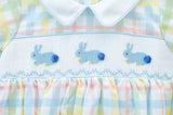 The Smocked Easter Bunnies Bubble is available in sizes NB to 3T, making it ideal for your little one.