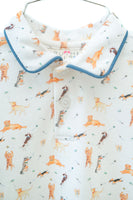 The all-over puppy print on the Pima Puppies Romper for boys adds a fun and cheerful element to his wardrobe, making him the center of attention.