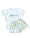 The Smocked Easter Bunnies T-Shirt and Short Set features hand-smocked blue bunnies with cotton tails, adding a sweet, traditional touch.