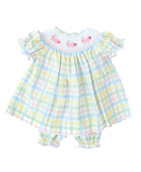 The Smocked Easter Bunnies Annabelle Bloomer Set for baby and toddler girls offers a timeless, classic design perfect for Easter celebrations.