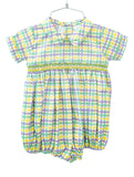 The Mardi Gras bubble features a classic green, yellow, and purple plaid with detailed smocking across the chest.