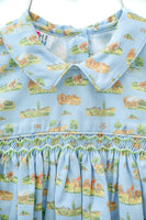 The light blue color combined with the smocked cowboy toile details makes this bubble a stylish and unique outfit for any occasion.