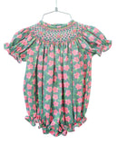 The pink and green azalea smocked birdie bubble is crafted from a soft, breathable fabric blend for all-day comfort.