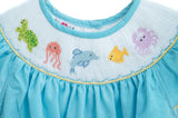 Girls Teal Microgingham Smocked Sea Animals Dress – Sibling Matching Summer Beach, Poolside & Picture-Perfect Family Photo Outfit – Sizes 12M–8