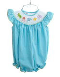 Baby Girls Soft Teal Microgingham Hand-Smocked Sea Animals Bubble – Classic Traditional Silhouette – Summer Outings, Beach Vacations & Family Gatherings – Sizes NB–2T