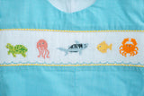 Boys Soft Teal Microgingham Hand-Smocked Sea Animals Jon Jon – Sibling Matching Summer Beach, Poolside & Picture-Perfect Family Photo Outfit – Pairs with Peter Pan Collar Shirt – Sizes 3M–4T