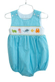 Baby & Toddler Boys Soft Teal Microgingham Hand-Smocked Sea Animals Bubble – Classic Traditional Silhouette – Summer Outings, Beach Days & Poolside Fun – Sizes NB–3T
