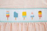 Girls Classic Smocked Popsicle Two-Piece Bloomer Set – Light Orange Seersucker with Hand-Smocked Colorful Popsicles & Matching Diaper Cover – Sibling Matching Summer Outings & Special Occasions – Sizes 3M–4T