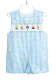 Boys Classic Heirloom-Inspired Smocked Buoys Jon Jon – Blue Check with Hand-Smocked Colorful Buoys – Pairs with Peter Pan Collar Shirt – Beach, Lake & Family Events – Sizes 3M–4T