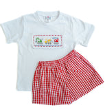 Toddler & Little Boys Classic Smocked Construction Trucks T-Shirt & Red Gingham Shorts – Sibling Matching Spring & Construction Themed Birthday Party Outfit – Sizes 12M–8
