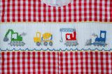 Baby & Toddler Boys Classic Red Gingham Smocked Construction Vehicles Jon Jon – Construction Birthday Party & Spring Celebration Outfit – Sizes 3M–4T