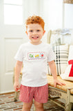 Toddler & Boys White Cotton Hand-Smocked Construction Trucks T-Shirt & Red Gingham Shorts Set – Birthday & Spring Event Outfit – Sizes 12M–8
