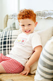 Boys Heirloom Smocked Construction Trucks Two-Piece Set – White Tee with Hand-Smocked Trucks & Red Gingham Shorts – Construction Birthday Party & Spring Celebrations – Sizes 12M–8