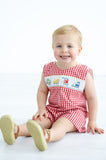 Boys Heirloom Smocked Construction Trucks Jon Jon – Red Gingham with Hand-Smocked Excavator, Dump Truck & Crane – Pairs with Peter Pan Collar Shirt – Sizes 3M–4T
