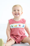 Baby & Toddler Boys Red Gingham Hand-Smocked Construction Trucks Jon Jon – Excavator, Dump Truck, Crane & Bulldozer – Birthday & Spring Event Outfit – Sizes 3M–4T
