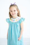 Girls Classic Smocked Sea Animals Dress – Soft Teal Microgingham with Hand-Smocked Sea Animals Neckline – Beach Trips, Poolside Outings & Summer Celebrations – Sizes 12M–8