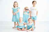 Boys Classic Heirloom Smocked Sea Animals Jon Jon – Teal Microgingham with Hand-Smocked Sea Animals – Pairs with Peter Pan Collar Shirt – Beach Days, Poolside Fun & Family Events – Sizes 3M–4T