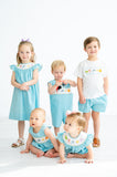Little Girls Heirloom-Inspired Teal Microgingham Smocked Sea Animals Dress – Lightweight & Breathable – Summer Beach, Special Occasions & Family Gatherings – Sizes 12M–8