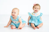 Baby Girls Classic Smocked Sea Creatures One-Piece Bubble – Teal Microgingham with Hand-Smocked Sea Animals Neckline – Beach Trips, Summer Celebrations & Family Outings – Sizes NB–2T