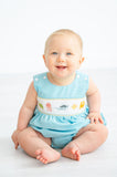 Newborn & Toddler Boys Teal Microgingham Hand-Smocked Sea Animals Chest Panel Bubble – Summer Beach & Pool Day Outfit – Sizes NB–3T