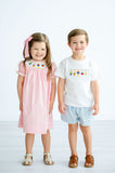 Boys Classic Smocked Buoys Two-Piece Set – White Tee with Hand-Smocked Colorful Buoys & Blue Check Shorts – Beach Days, Lake Trips & Boating Adventures – Sizes 12M–8