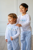 Blue Christmas Trees Smocked Beau T-Shirt/Pants Set