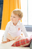 BOY WEARING HAND embroidered PUPPY IN JACK O'LANTERN POLO AND SHORTS SET 