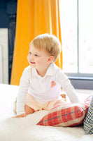 BOY WEARING HAND embroidered PUPPY IN JACK O'LANTERN POLO AND SHORTS SET 