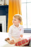 BOY WEARING HAND embroidered PUPPY IN JACK O'LANTERN POLO AND SHORTS SET 