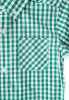 close up of green gingham long sleeve button up shirt.