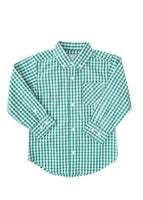 flat lay of green gingham long sleeve button up shirt.