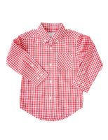 flat lay of red gingham long sleeve button up shirt.